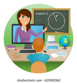 Distance education, learning. The student listens to the lecture of the teacher sitting at home at the computer. Vector illustration. 