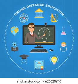 Distance education, learning. The student listens to the lecture of the teacher sitting at home at the computer. Vector illustration.