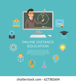 Distance education, learning. The student listens to the lecture of the teacher sitting at home at the computer. Vector illustration.