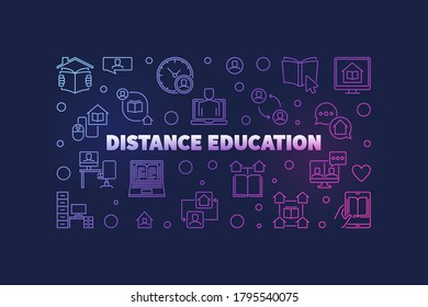 Distance Education linear vector concept colored horizontal illustration or banner on dark background
