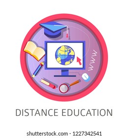 Educación a distancia, obtención de conocimientos con ayuda del vector portátil. Recursos en línea para estudiantes, monitor de computadora, sombrero de graduación y herramienta de lupa de vidrio. Estudios de libros y suministros escolares