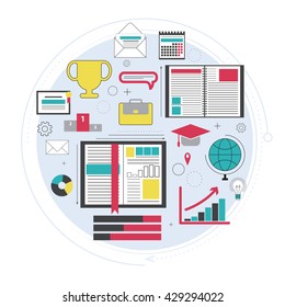 Distance education, online courses, brainstorm, knowledge growth,school and university subjects. Success and ideas, learn process. Line art. Vector illustration