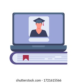 Distance education, online learning. Colorful flat design vector illustration. Online education, e-learning graduation