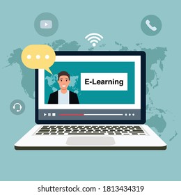 Distance education, online learning. Colorful flat design vector illustration. Online education, e-learning graduation world wide