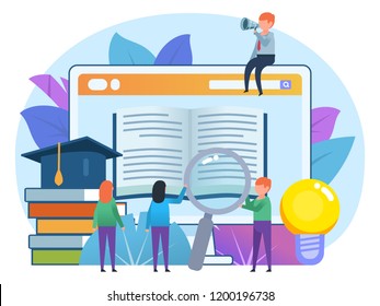 Distance education, online learning concept. Small people stand near educational website. Poster for presentation, social media, banner, web page. Flat design vector illustration
