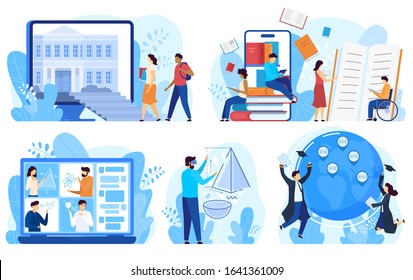 Distance education and online learning concept, vector illustration. Cartoon characters studying online, distance education program for international students and disabled people. Internet course