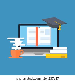 Distance education, online learning concept. Colorful flat design icon.  Vector illustration