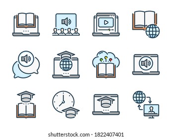 Distance Education and Online Lecture related vector color line icons. E-learning and Remote Learning colorful outline icon set.