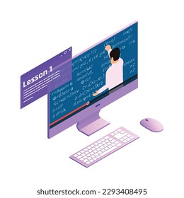 Distance education online video lesson on computer isometric glow icon 3d vector illustration