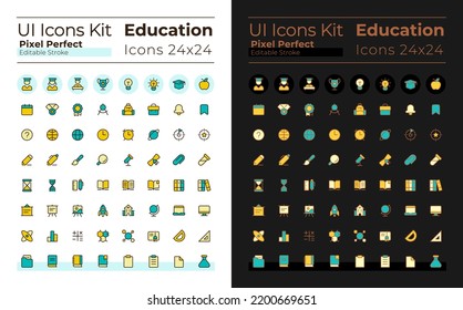 Distance education pixel perfect RGB color ui icons set for dark, light mode. E-learning. GUI, UX design for mobile app. Vector isolated pictograms. Editable stroke. Montserrat Bold, Light fonts used