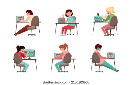 Distance Education with Secondary School Student Sitting at Desk in Front of Laptop Vector Set