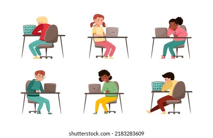 Distance Education with Secondary School Student Sitting at Desk in Front of Laptop Vector Set