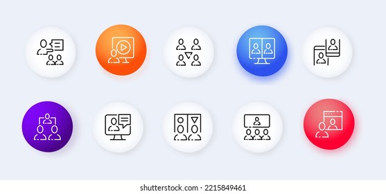 Distance education set icon. Online, academic cap, computer, textbook, e book, internet, stay home, phone, student. Learning concept. Neomorphism style. Vector line icon for Business and Advertising