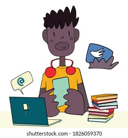 Educación a distancia. El estudiante estudia a distancia. Escucha conferencias en la aplicación. Cursos de capacitación en línea. Comunicación en video, aprendizaje conceptual.