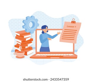 Distance education. A teacher gives lessons to his students via a laptop screen. Education concept. flat vector modern illustration