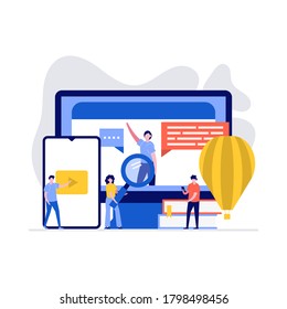 Concepto de ilustración vectorial de la tecnología de educación a distancia. Los estudiantes estudian en línea en la universidad o en el campus universitario. Ilustración vectorial moderna en estilo plano para página de inicio, aplicación móvil, imágenes de héroe.