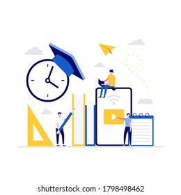 Distance education technology vector illustration concept. Students study online in university or college campus. Modern vector illustration in flat style for landing page, mobile app, hero images.