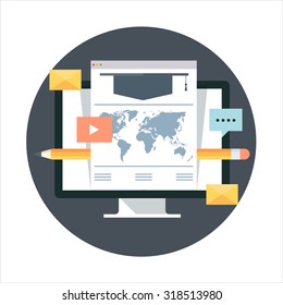 Distance education theme, flat style, colorful, vector icon set for info graphics, websites, mobile and print media.