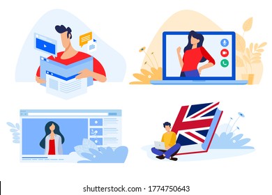 Distance education. Vector illustration concepts for graphic and web design, of internet education, e-learning, online training and courses, video tutorial, language school.