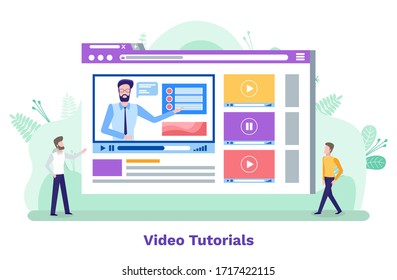 Distance education vector, online courses with guide and material to study. Students and tutor with data, video with teacher explaining subject for people