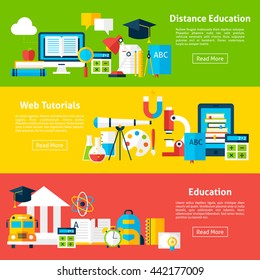 Distance Education and Web Tutorials Horizontal Banners. Vector Illustration for Website Header. Online Learning Items Flat Design.