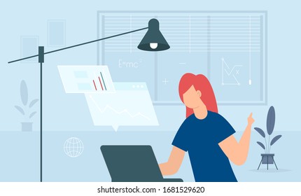 Distance education woman study during quarantine. Young people studying online with computer. Internet technology student learning. Co working home. Freelancer webinar vector illustraion.