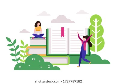 Distance education. Young woman working with laptop while sitting on stack of giant books. Student studying outdoors vector illustration in flat style. Modern online education and professional courses