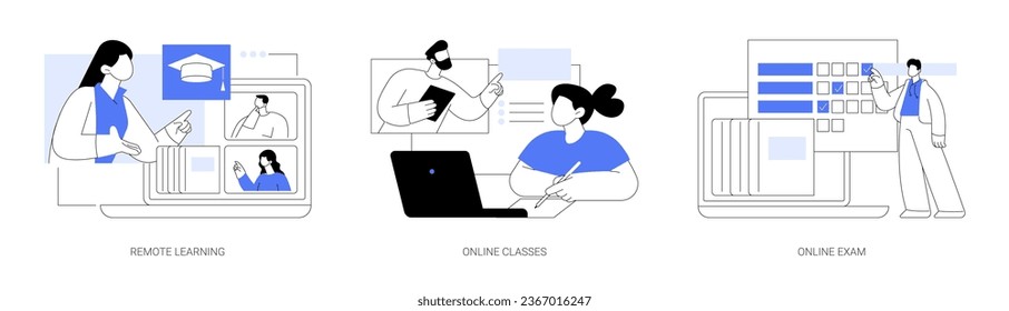 Distance educational process isolated cartoon vector illustrations set. Remote learning, online classes, exam form, modern student life, educational process during pandemic vector cartoon.