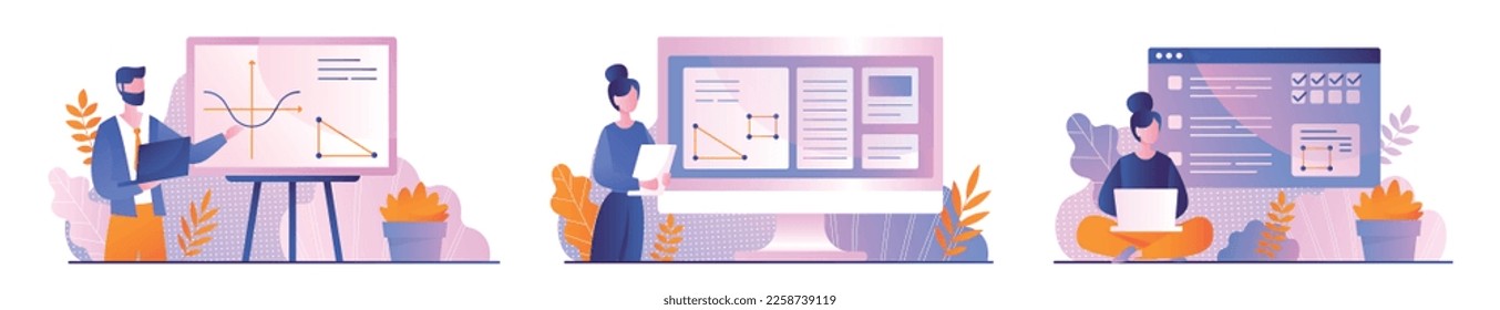 Distance educational set. Collection of scenes with students. Education, learning and training, selfdevelopment, teachers lead lecture. Cartoon flat vector illustrations isolated on white background