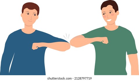 Distance elbow greeting between two people. Vector illustration. Greet others with elbows. Distancing strategy concept. Social  safety Elbow bump. Two men without face mask use elbow bump.