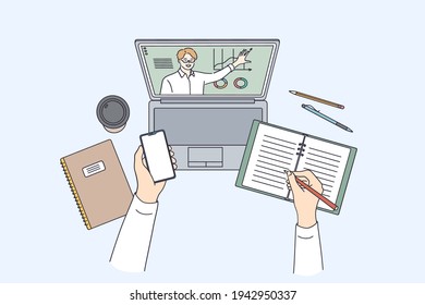 Distance and e-learning education concept. High angle view of video conference with teacher on laptop at home, personal tutor on computer explaining lesson vector illustration 