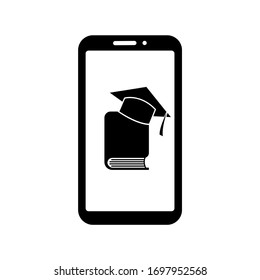 Distance e-learning from smartphone at home. Online education metaphor sign. Graduation cap, book and telephone. Vector illustration isolated on white background