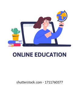 Distance geography lessons, video course, web seminar, internet class, personal teacher service for home education with female mentor. Online education for school and university concept in flat style