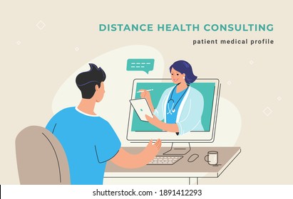 Distance health consulting and patient online medical profile. Young man sitting at his desktop and getting online healthcare consultation. Female doctor is checking patient e-profile on tablet pc