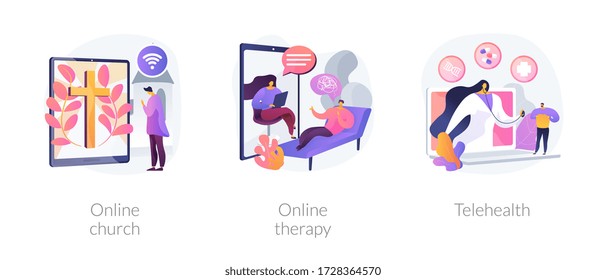 Distance Help And Support Abstract Concept Vector Illustration Set. Online Church, Online Therapy, Telehealth, Worship Services, Mental Health, Stay At Home, Social Distancing Abstract Metaphor.