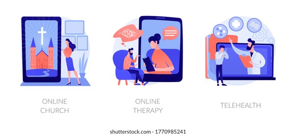 Distance Help And Support Abstract Concept Vector Illustration Set. Online Church, Online Therapy, Telehealth, Worship Services, Mental Health, Stay At Home, Social Distancing Abstract Metaphor.