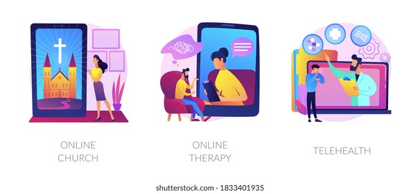 Distance Help And Support Abstract Concept Vector Illustration Set. Online Church, Online Therapy, Telehealth, Worship Services, Mental Health, Stay At Home, Social Distancing Abstract Metaphor.