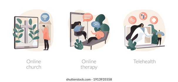 Distance Help And Support Abstract Concept Vector Illustration Set. Online Church, Online Therapy, Telehealth, Worship Services, Mental Health, Stay At Home, Social Distancing Abstract Metaphor.