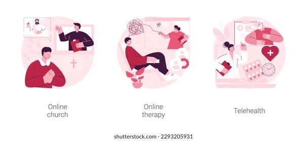 Distance help and support abstract concept vector illustration set. Online church, online therapy, telehealth, worship services, mental health, stay at home, social distancing abstract metaphor.