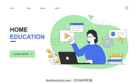 Distance or home education concept, with a girl sitting in front of a laptop, against a background of web applications signs and symbols. Flat, outline, cartoon vector illustration. Website template