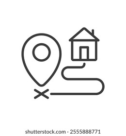 Distance to home, icon in line design. Distance, home, location, journey, travel, pathway, commute on white background vector. Distance to home editable stroke icon