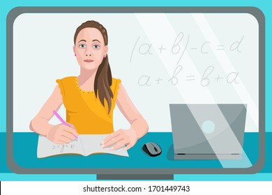 Distance home-based online learning. A schoolgirl with a laptop listens to a school math lesson and writes in a notebook. Vector flat illustration concept of individual and distance learning.