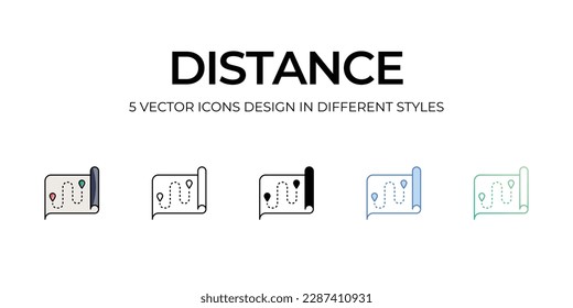 Diseño de iconos de distancia en estilo de cinco con pulsación editable. Línea, Sólido, Línea plana, Color de tono Duo y Línea de degradado de color. Adecuado para diseño de páginas Web, aplicaciones móviles, UI, UX y GUI.