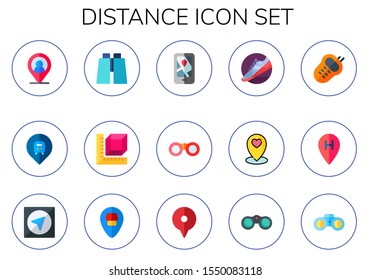 distance icon set. 15 flat distance icons.  Simple modern icons about  - place, location, binoculars, measure, geolocalization, gym shoes, walkie, gps