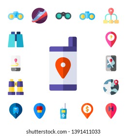 distance icon set. 17 flat distance icons.  Simple modern icons about  - binoculars, gps, location, geolocalization, gym shoes, walkie talkie, geolocation