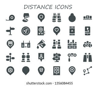 distance icon set. 30 filled distance icons.  Collection Of - Tape measure, Position, Location, Binoculars, Signpost, Gps, Navigation, Walkie talkie, Measure, Place, Route