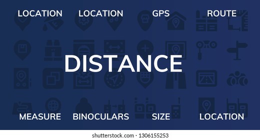distance icon set. 32 filled distance icons. on blue background style Simple modern icons about  - Location, Gps, Route, Measure, Binoculars, Size, Place, Tunnel, Web size, Walkie talkie