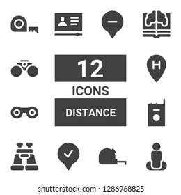 distance icon set. Collection of 12 filled distance icons included Position, Measuring tape, Location, Binoculars, Walkie talkie, Tutorial, Learning