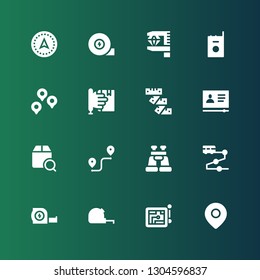 distance icon set. Collection of 16 filled distance icons included Location, Navigation, Measuring tape, Track, Binoculars, Route, Localize, Tutorial, Learning, Walkie talkie