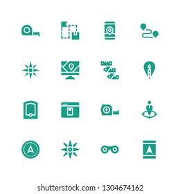 distance icon set. Collection of 16 filled distance icons included Gps, Binoculars, Navigation, Position, Measuring tape, Elearning, Location, Track, Route